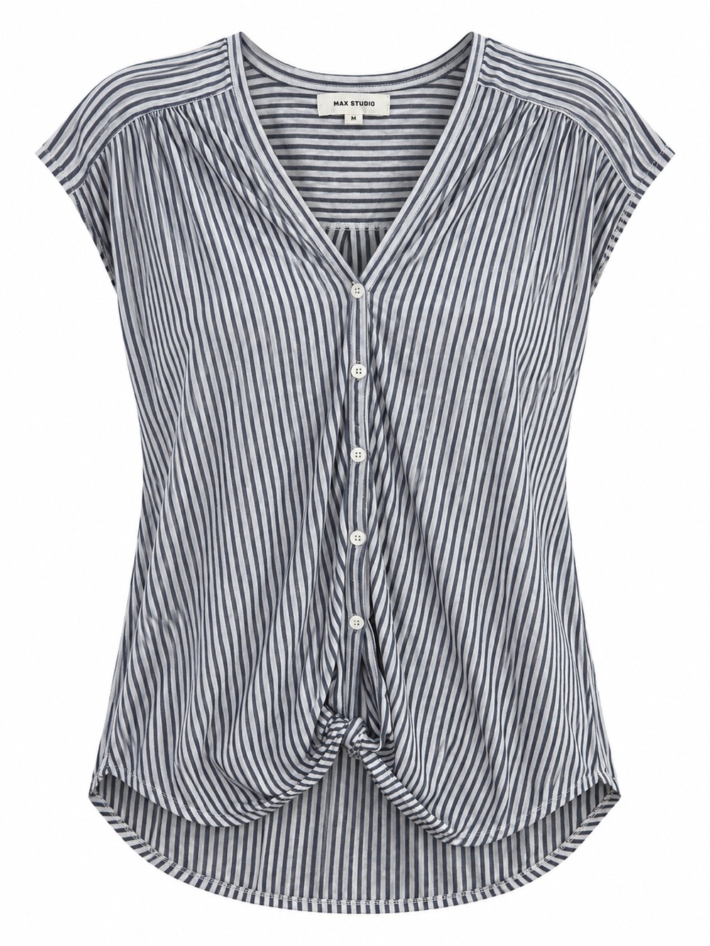 Max Studio Striped Front Tie Knot V Neck Button Top Womens XL Short Sleeve